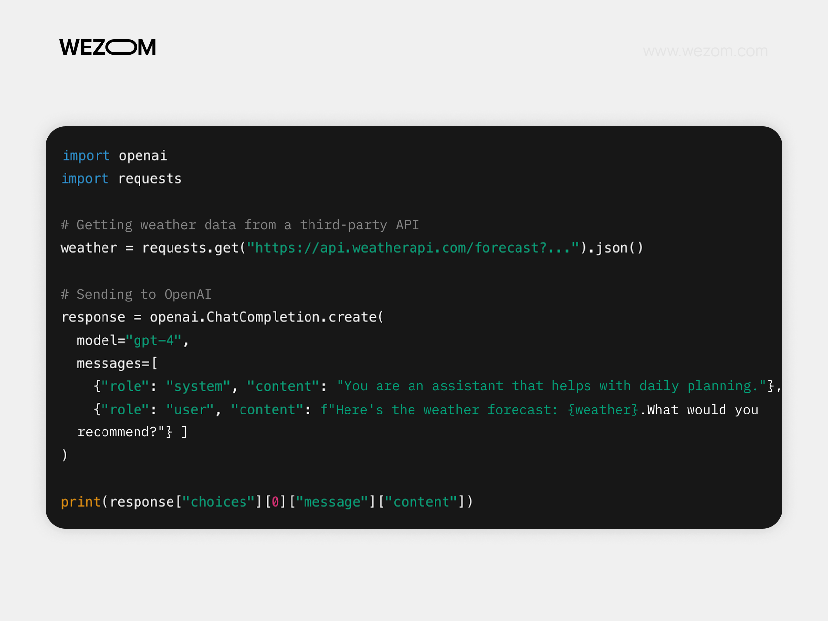 Python script fetching weather data from external API and sending it to OpenAI GPT-4 for planning recommendations